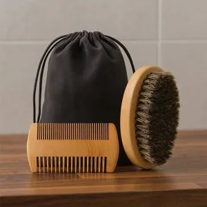 Brosse à barbe en poils de sanglier souples et peigne à moustache – Set d’outils de coiffage pour hommes