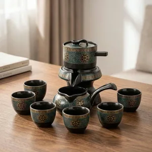 Service à thé en céramique 8 pièces avec théière rotative et tasses