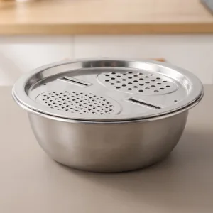Coupe-légumes 3-en-1 en acier inoxydable avec bassine d'égouttage