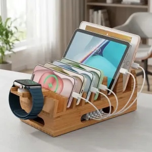 Station d’accueil de recharge pour téléphone en bambou et bois pour plusieurs appareils