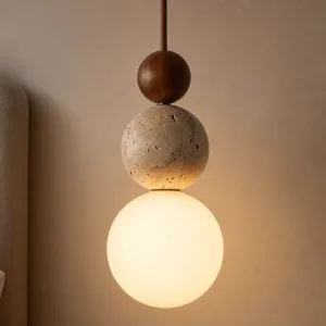 Lustre en pierre de travertin, suspension LED longue avec lampe suspendue en bois