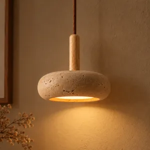 Suspension LED japonaise en pierre avec élément long en bois pour plafond